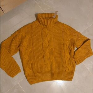 Mustard Cable Knit Turtleneck Sweater S